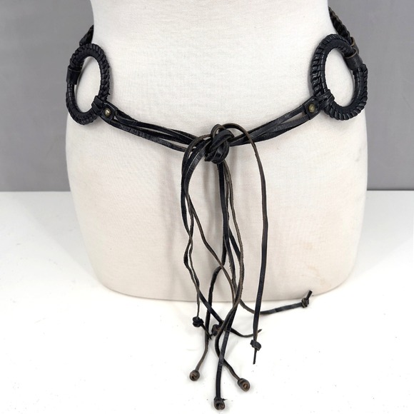 Unbranded Accessories - Vintage Y2K Womens Black Leather Braided Ring Link Belt Tassel Tie Front Boho OS
